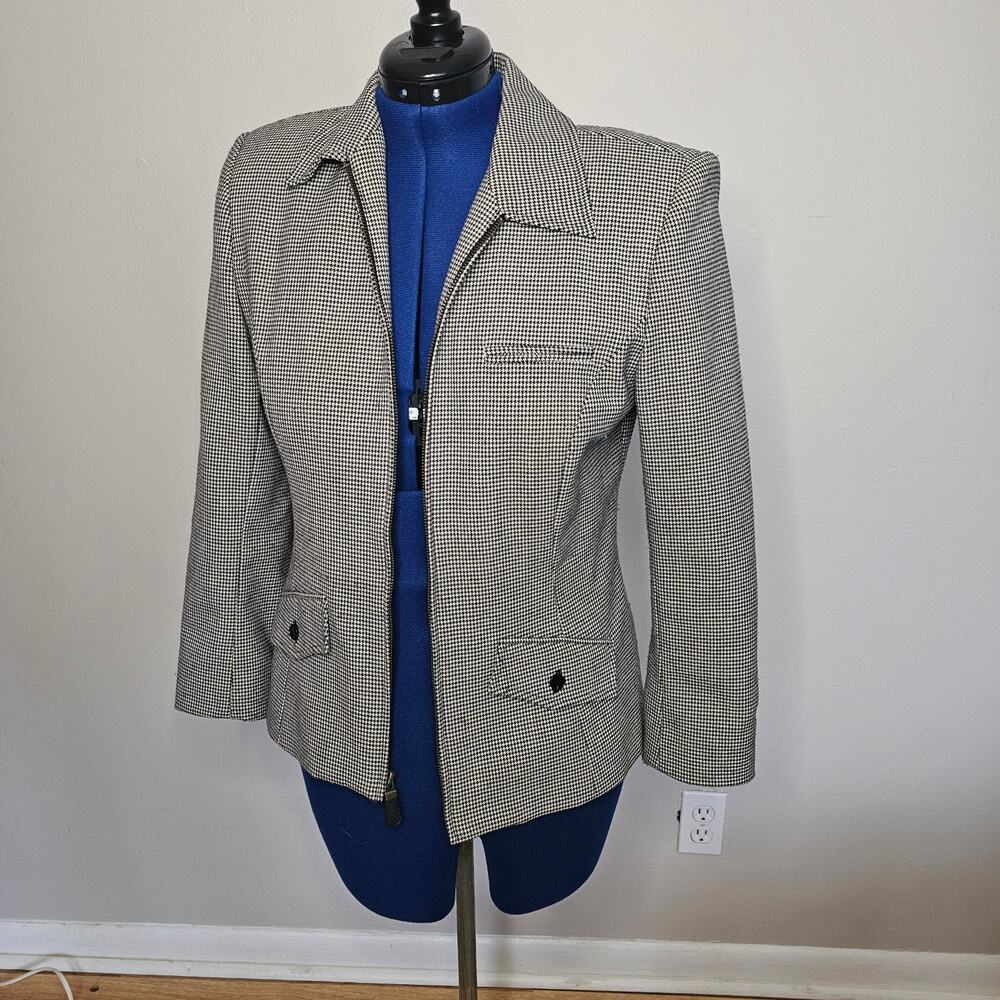 J MAC Black & White Wool Houndstooth Full  Zip Front Jacket Blazer Size 8